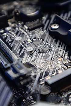 Motherboard close-up on modern powerful desktop PC