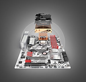 Motherboard complete with processor and cooling system in disassembled form isolated on black gradient background 3d render