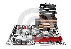 Motherboard complete with processor and cooling system in disassembled form isolated on white background 3d render
