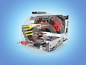 Motherboard complete with RAM and video card in disassembled form isolated on blue gradient background 3d render