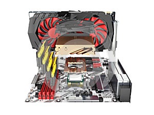 Motherboard complete with RAM and video card in disassembled form isolated on white background 3d render without shadow