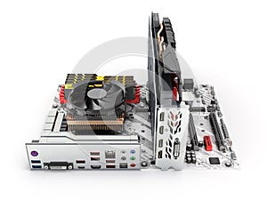 Motherboard complete with RAM and video card isolated on white background 3d render
