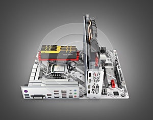 Motherboard complete with RAM and video card solated on black gradient background 3d render