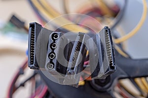 The motherboard and computer components. Computer accessories on a workshop table
