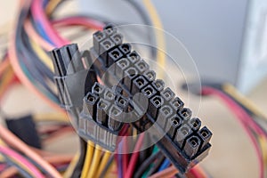 The motherboard and computer components. Computer accessories on a workshop table