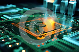 Motherboard of a computer or other electronic equipment. Close-up. Powerful multi-core processor