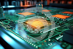 Motherboard of a computer or other electronic equipment. Close-up. Powerful multi-core processor