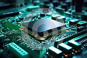 Motherboard of a computer or other electronic equipment. Close-up. Powerful multi-core processor