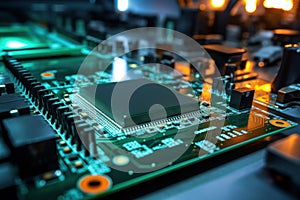 Motherboard of a computer or other electronic equipment. Close-up. Powerful multi-core processor