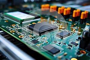 Motherboard of a computer or other electronic equipment. Close-up. Powerful multi-core processor