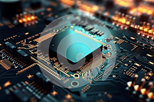 Motherboard of a computer or other electronic equipment. Close-up. Powerful multi-core processor