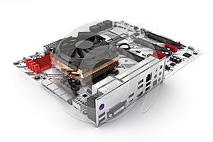 Motherboard with cooling system realistic chips and slots isolated on white background 3d render