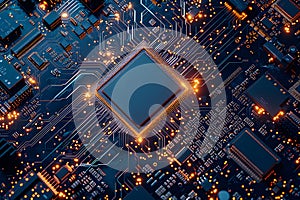 motherboard with CPU Socket. Computer hardware chipset components close-up in orange light. by Generative AI