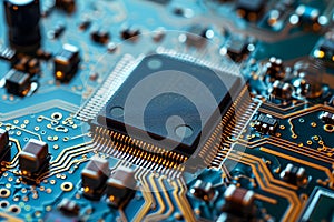 motherboard with CPU Socket. Computer hardware chipset components close-up in orange light by Generative AI