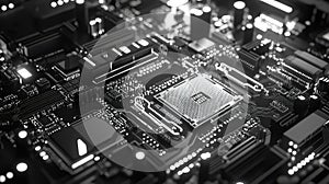Motherboard cpu socket with glowing electronic circuits