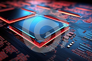 Motherboard with electronic components. Powerful processor. Development of computer technologies. Modern electronics production