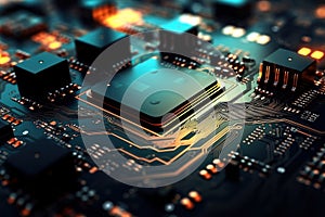 Motherboard with electronic components. Powerful processor. Development of computer technologies. Modern electronics production