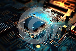 Motherboard with electronic components. Powerful processor. Development of computer technologies. Modern electronics production