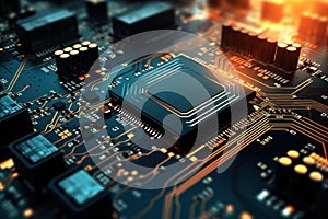 Motherboard with electronic components. Powerful processor. Development of computer technologies. Modern electronics production