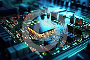 Motherboard with electronic components. Powerful processor. Development of computer technologies. Modern electronics production