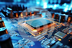 Motherboard with electronic components. Powerful processor. Development of computer technologies. Modern electronics production
