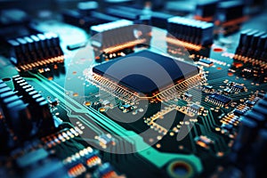 Motherboard with electronic components. Powerful processor. Development of computer technologies. Modern electronics production