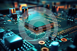 Motherboard with electronic components. Powerful processor. Development of computer technologies. Modern electronics production
