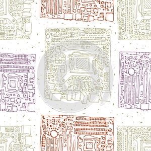 Motherboard hand drawn seamless pattern. Electronic component of desktop computer.