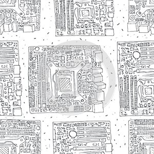 Motherboard hand drawn seamless pattern. Electronic component of desktop computer.