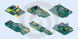 Motherboard isometric. Computer manufacturing small chip microscheme plate semiconductor electronic parts vector set