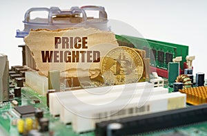 On the motherboard lies a bitcoin coin and a cardboard sign with the inscription - Price Weighted
