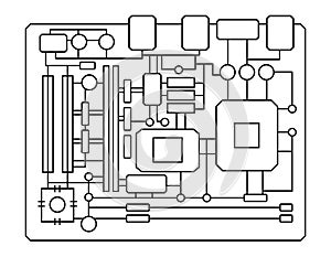 Motherboard mainboard circuit black and white connected components computer circuitry isolated print structure of hardware photo