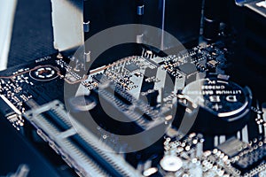 Motherboard microchips close-up on desktop PC