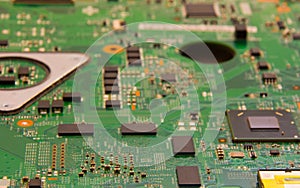 Mainboard with microcontrollers and chips, close up