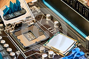 the motherboard processor is removed from above close up CPU closeup