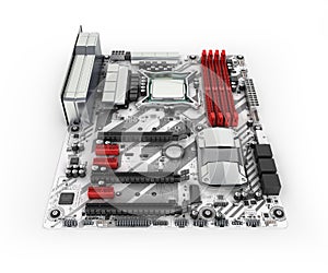 Motherboard with realistic chips and slots isolated on white background 3d render