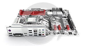 Motherboard with realistic chips and slots isolated on white background 3d render