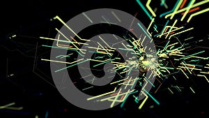 Motherboard scheme wth electrons impulse process. Animation. Futuristic technology template on black background.