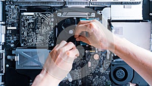 Motherboard service. Technology hardware repair and electronic computer maintenance from technician engineer man