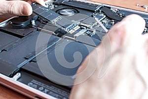 Motherboard service. Technology hardware repair and electronic computer maintenance from technician engineer man. Support pc