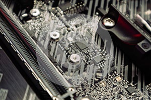 Motherboard sockets close-up on modern desktop PC