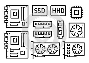 Motherboard, video card, cpu, ram, disk, computer components icons set