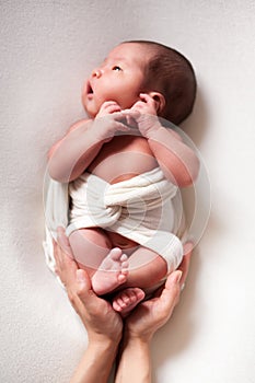Mothercare newborn concept. Mother holding baby feet and heart photo