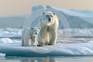 Motherhood in the Arctic polar bear and cub on ice