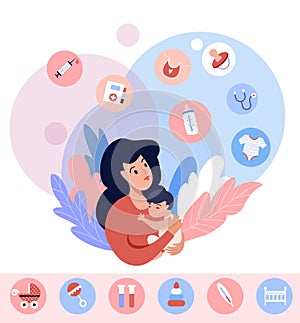 Motherhood concept illustration. Mom with newborn baby and infographics elements