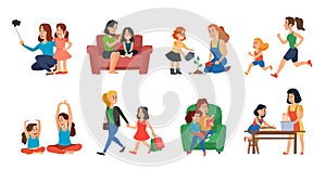 Motherhood concept. Mother and daughter family help, playing or hugging. Mothers day cartoon vector illustration set