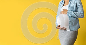 Motherhood, femininity, love, care, waiting, hot summer - bright banner Close-up unrecognizable pregnant woman in shirt
