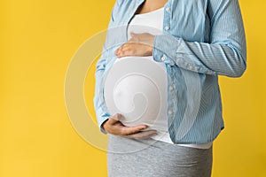 Motherhood, femininity, love, care, waiting, hot summer - bright croped Close-up unrecognizable pregnant woman in shirt