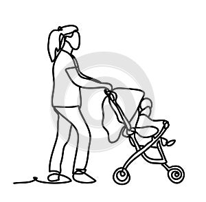 Motherhood. Happy young mother with the baby in the pram. Continuous line drawing. Isolated on the white background