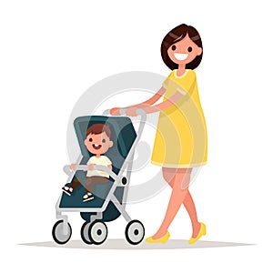 Motherhood. Happy young mother with the baby in the pram. Vector